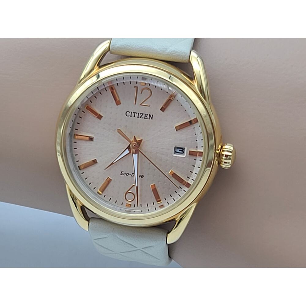 Citizens Eco-Drive Ladies Gold Wristwatch Quilted Beige Leather Strap FE6082-08P